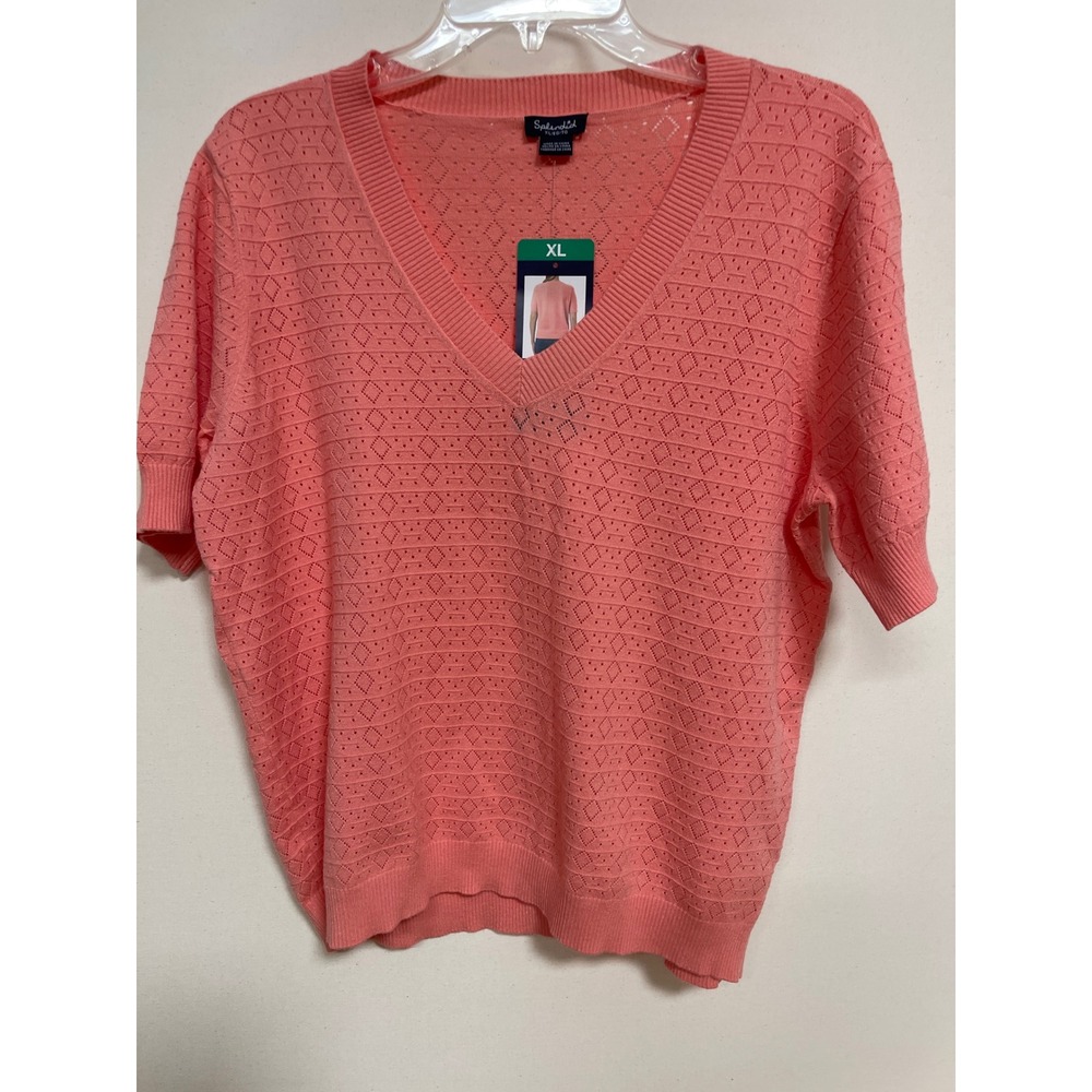 Splendid Womens XL Coral Pink Pointelle Knit V-Neck Short Sleeve Sweater 1896537